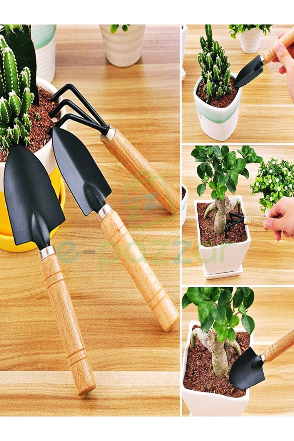 Ahşap Saplı Metal Uçlu 3 Parça Mini Kürek Ve Tırmık Çiçek Bitki Fidan Dikim Çapalama Hobi Bakım Seti