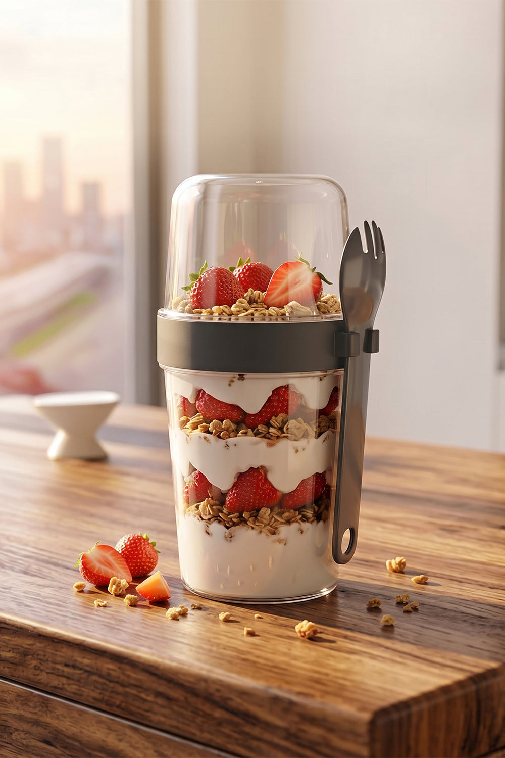 5817 Yoğurt Müsli Kabı – Kendinden Kaşıklı Pratik Taşınabilir Kaşıklı Atıştırmalık Kabı-Antrasit 400ml+200ml