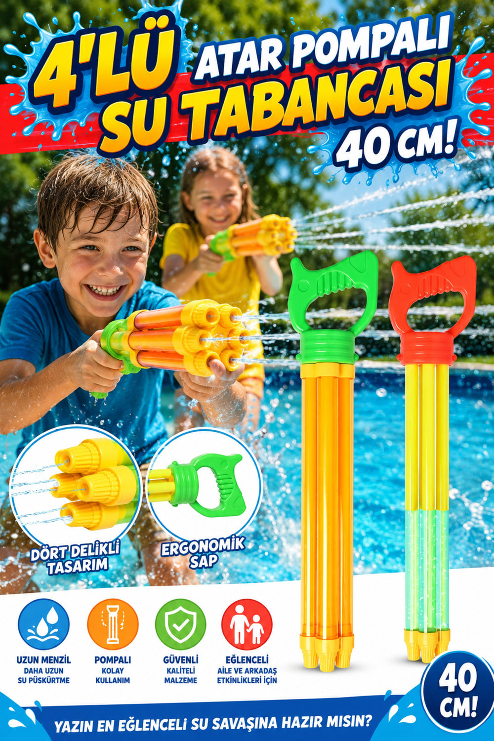 4 Delikli Uzun Menzilli Pompalı Su Tabancası 40 cm Büyük Boy Havuz Deniz Plaj Oyuncağı