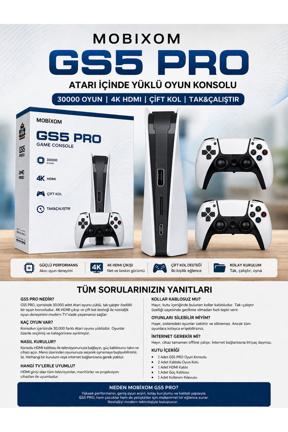 GS5 PRO – 30.000 Oyun Yüklü Atari Oyun Konsolu | Tak & Çalıştır 4K Deneyim