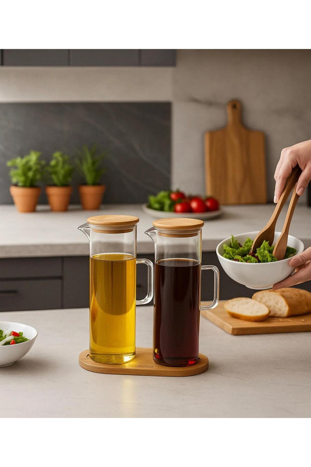 400 ML Brosilikat Yağlık-Bambu Altlıklı ve 2 Adet Bambu Kapaklı Cam Yağdanlık