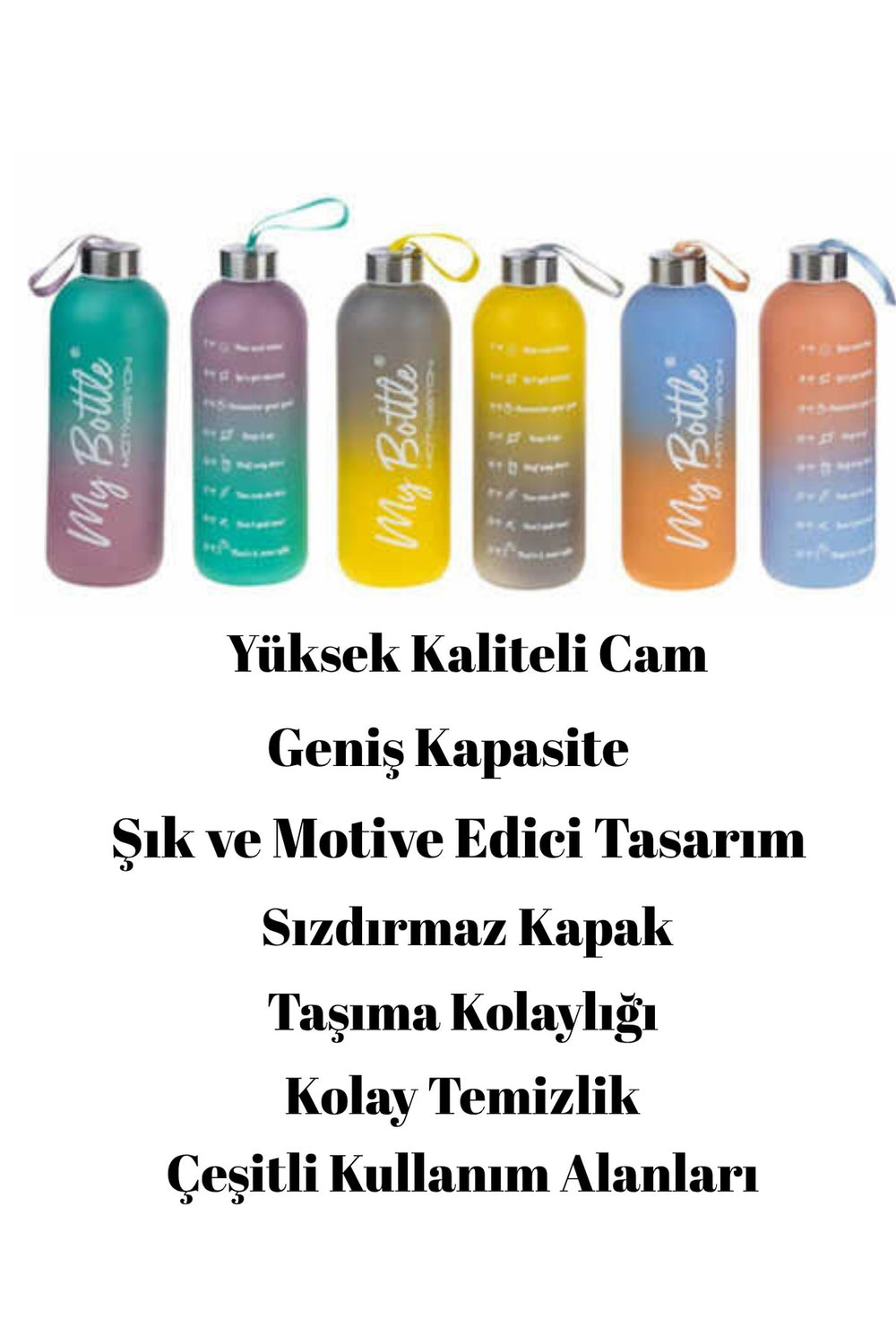 Cam Motivasyon Matara/suluk 750 ml Çok Renkli Cam