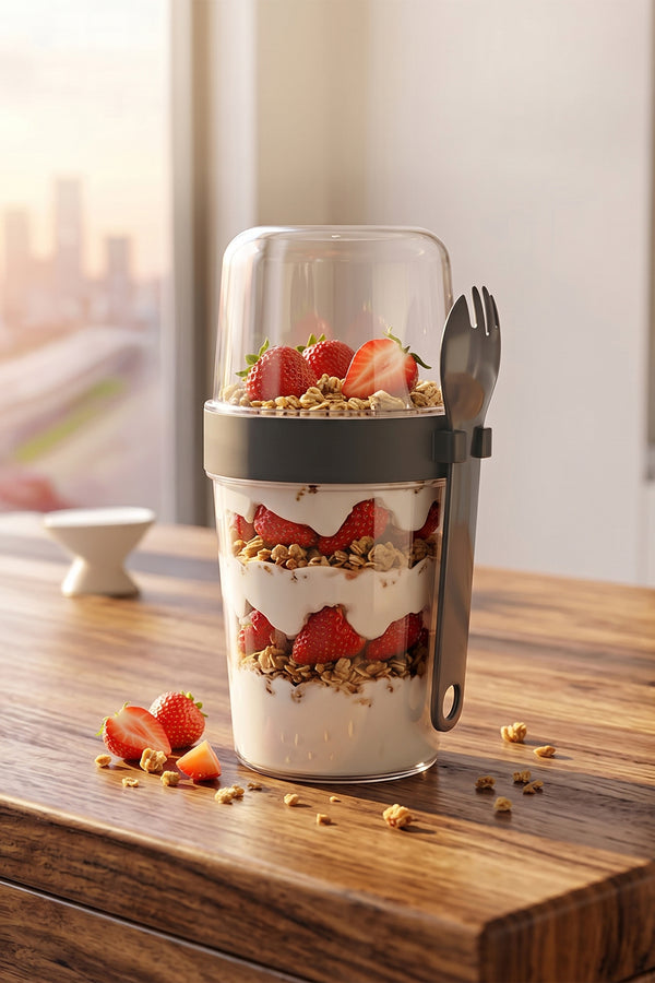 5817 Yoğurt Müsli Kabı – Kendinden Kaşıklı Pratik Taşınabilir Kaşıklı Atıştırmalık Kabı-Antrasit 400ml+200ml