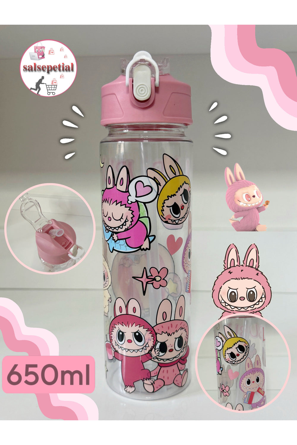 Labubu Su Matarası Labubu Suluk Labubu Figürlü Su Şişesi Labubu Matara Pipetli Matara 650ml