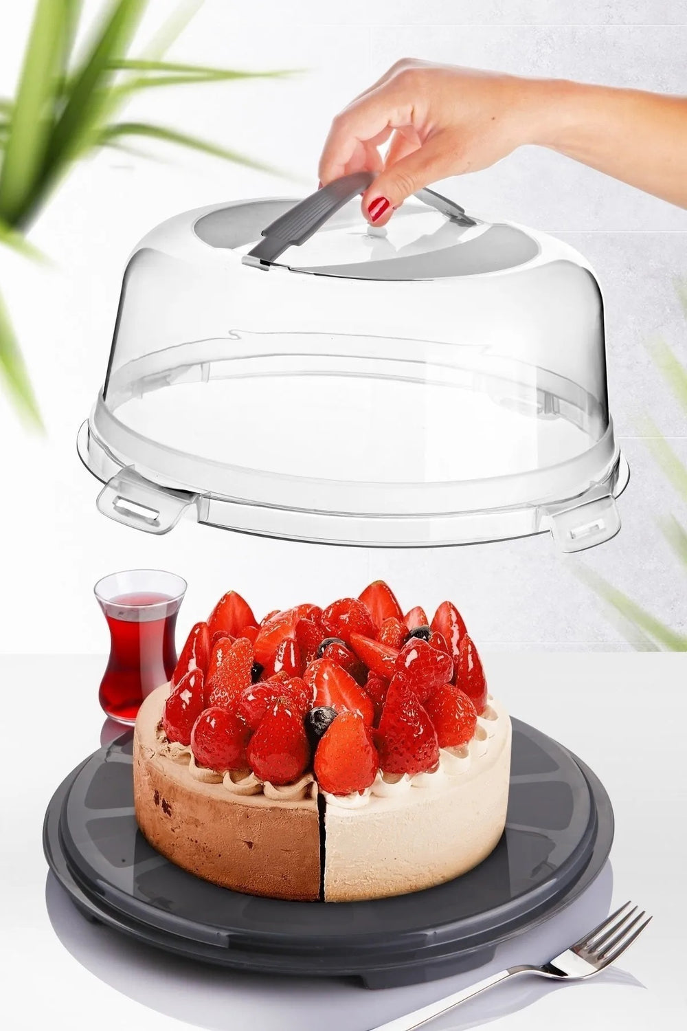 Kek Pasta Börek Saklama Kabı, Kilitli Borcam Taşıma Fanusu 34cm Büyük Boy